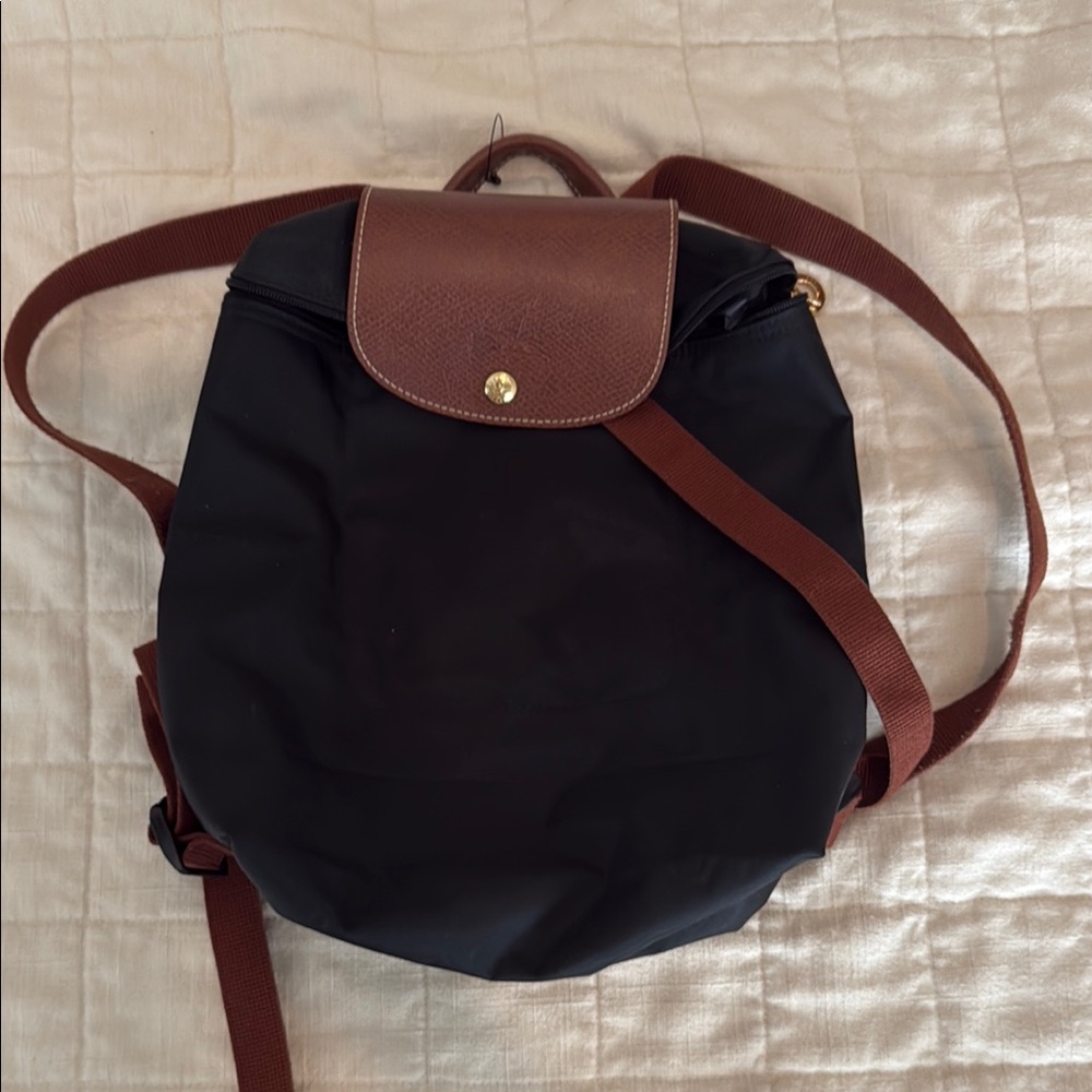 Longchamp Black and Brown Backpack with Leather Trim
